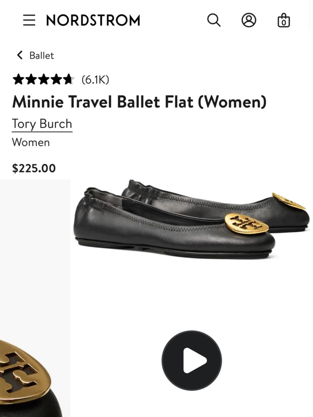 Tory Burch Black Leather Ballet Flat with Gold Logo
